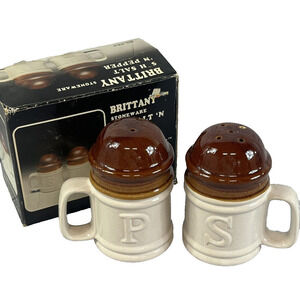 Vintage Brittany Stoneware 5" Salt N Pepper Shakers w/ Handles 1982